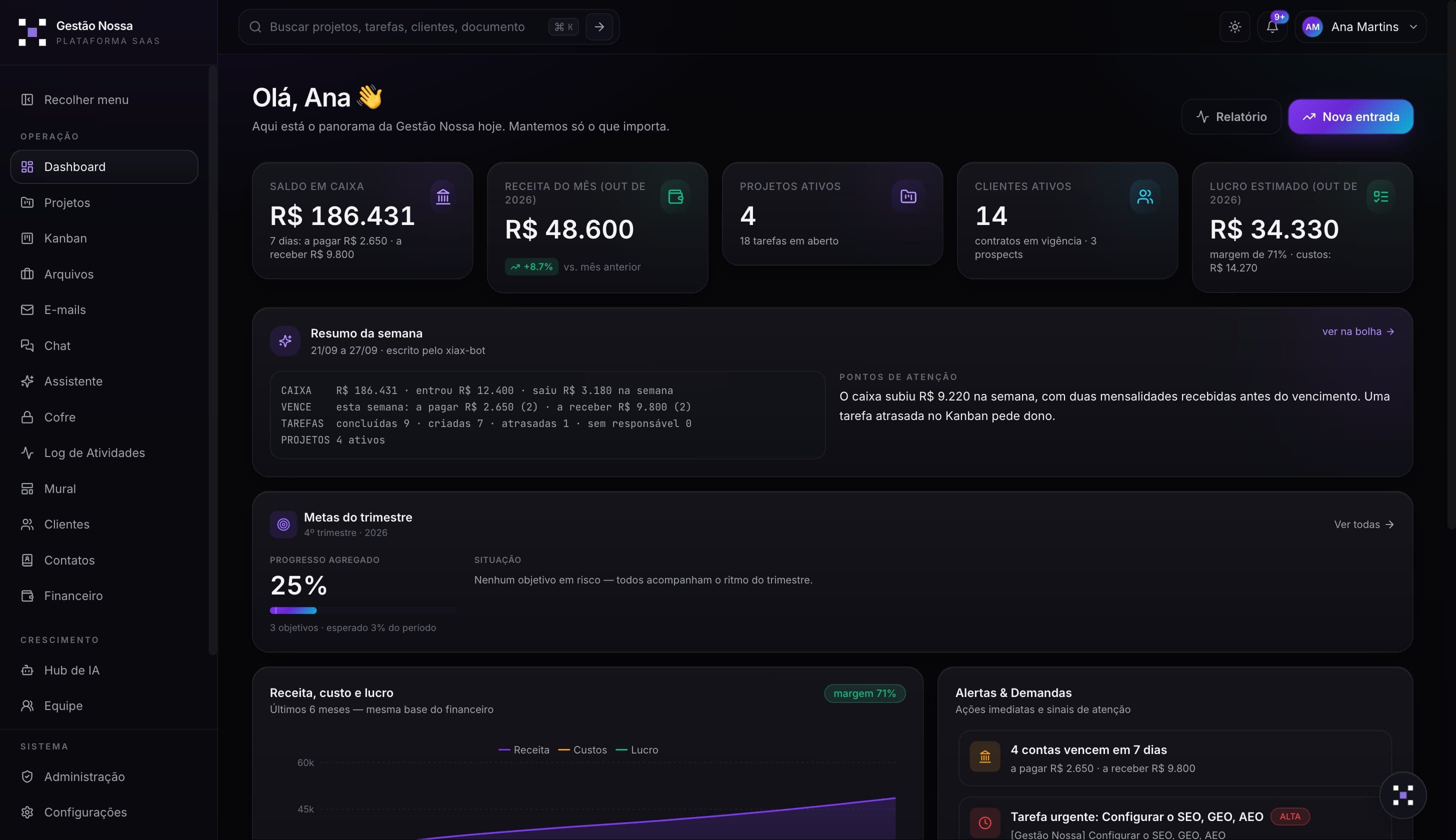 Painel: saldo em caixa, receita do mês, projetos e clientes ativos, lucro estimado, o resumo da semana escrito pelo assistente e as metas do trimestre.